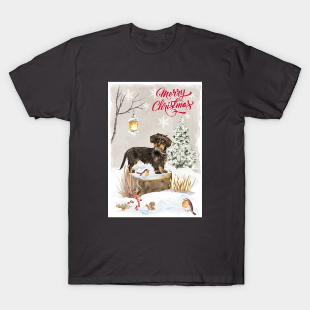 Wire Haired Dachshund Dog Merry Christmas T-Shirt by Puppy Eyes